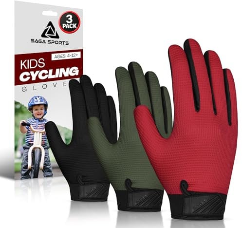SAGA SPORTS 3 Pack Kids Cycling Gloves - Full Finger Bike Gloves for Boys & Girls, Non-Slip Motorbike Gloves for BMX, MTB, Scooter & Outdoor Sports