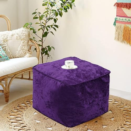 LIZZIE JACOBS Crushed Velvet Bean Bags Super Soft Living Room Bedroom Foot Rest Stools Pouffes Ottomans Bean Bags Square Shape Indoor Seating Footstools Pouffe Ottoman 40 x 40 x 30cm (Purple)