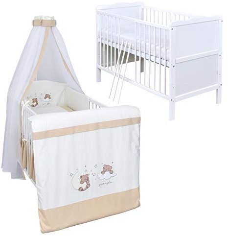 Generisch Baby Delux Babybett Komplett Set 9-TLG Kinderbett umbaubar zum Juniorbett 70x140 Matratze Jack Bettset Chiffonhimmel (Traumland beige)