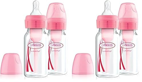Dr Brown's Natural Flow Anti-Colic Options+ Narrow Baby Bottle, 4oz/120 ml, with Level 1 Slow Flow Teat, Pack of 4, Pink