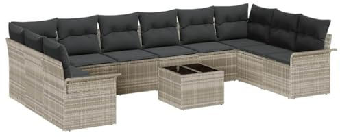 vidaXL 11-teiliges modulares Garten-Sofa-Set mit Kissen in Hellgrau und Schwarz, wetterfest, inklusive Outdoor-Esstisch, perfekt für die Terrasse.