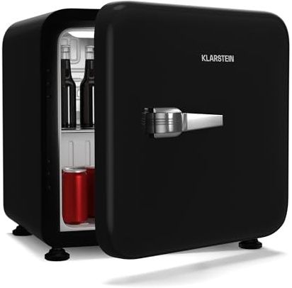 KLARSTEIN Audrey Evo 43L Retro Mini Fridge - Quiet 40 dB Bedroom Fridge with Adjustable Thermostat, Reversible Door, Compact Small for Bedrooms, Offices, Black