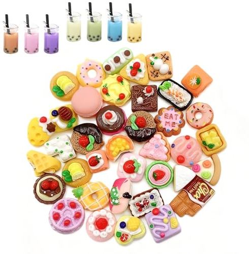 Werownsgso 50 Stücke Miniatur Essen und Trinken 1:12 Lebensmittel Puppenhaus Zubehör Harz Lebensmittel Spielzeug mit Getränke Brot Kuchen Eiscreme Miniatur Küche Zubehör für Weihnacht