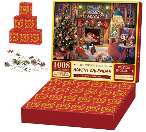 Weihnachts-Countdown-Kalender 1008 Teile Überraschungs-Puzzle Adventskalender – 24 Tage Weihnachts-Countdown 2025 Tisch-Adventskalender für Zuhause Büro Zimmerdekoration (Kamin)