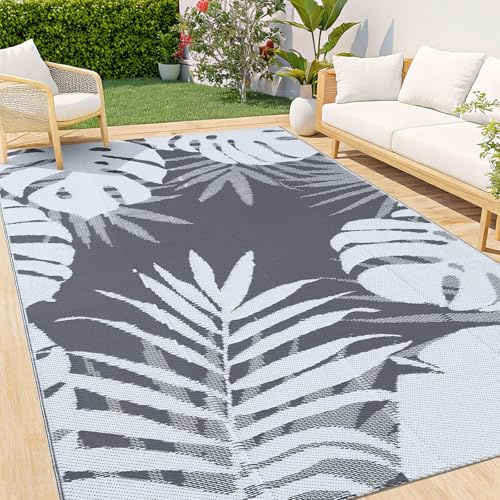 Homaxy Outdoor Teppich Wetterfest, 270x360cm, Weiß & Grau | Kunststoff Stroh Faltbar Waschbar UV-beständig Wendbar Balkon Garten Teppich für Terrasse Picknick Camping