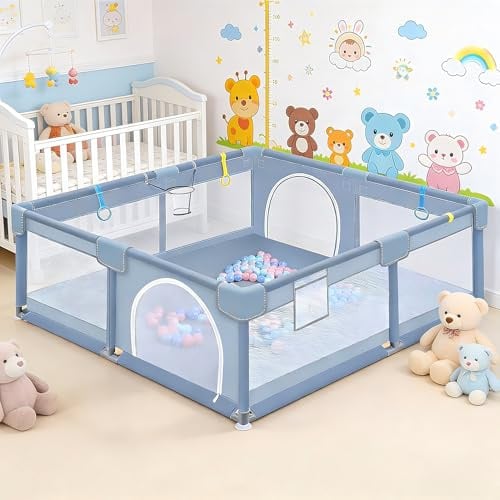 Huracan Laufstall Baby 130x130x66 cm, Laufgitter mit Matte, Baby Playpen kinderlaufstall aus 210D Oxford Gewebe, Atmungsaktives Netz & Rutschfeste Saugnäpfe, Kinder Spielgitter Indoor Outdoor, Grau