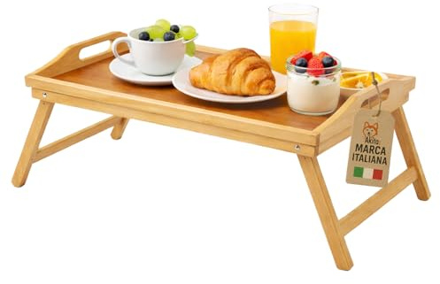Vassoio Tavolino da Letto Pieghevole in Bamboo 50x30 cm - Tavolino per Colazione con Maniglie, Gambe Richiudibili, Ideale per Letto, Divano e Pc