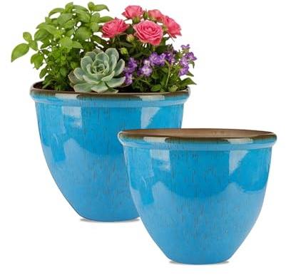 M1SS Set of 2 Glossy Ceramic Look Planters – 30cm Glazed Effect Decorative Indoor & Outdoor Flower Pots for Home Decor (Light Blue)