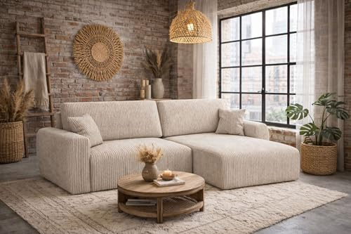 Kaiser Möbel Ariel XL Ecksofa mit Schlaffunktion und Bettkasten, DL-System, Liegefläche 230x140 cm, HR-Schaum, modern (Poso, Dunkelbeige, Rechts)