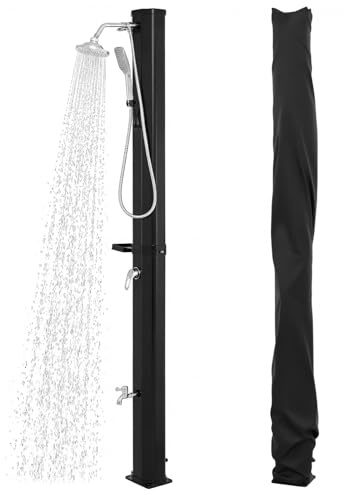 COSTWAY Doccia Solare da Giardino 35L con Soffione Girevole, Doccino e Rubinetto, Doccia da Esterno con Attacco per Tubo, Vassoio Portaoggetti e Copertura Protettiva, Fino a 60°C (Modello 3)