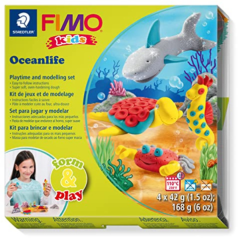 STAEDTLER 8034 14 LZ FIMO Kids Form&Play Playtime & Modelling Polymer Clay Set - Oceanlife (Pack of 4 Blocks, Stickers, Modelling Tools & Background Scene)