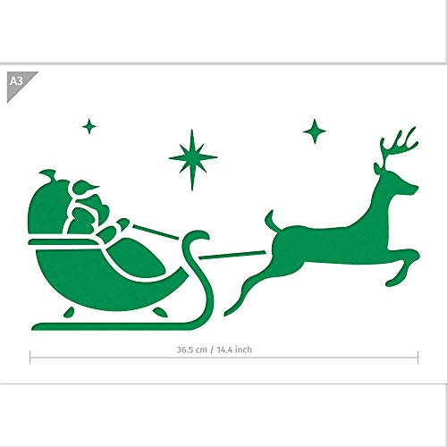 Weihnachtsmann Rentier Schlitten Schablone - Plastik - A3 42 x 29,7cm - Rentier mit Schlittenbreite 36cm - wiederverwendbare kinderfreundliche Schablone für Malerei, Handwerk, Fenster, Wände und Möbel