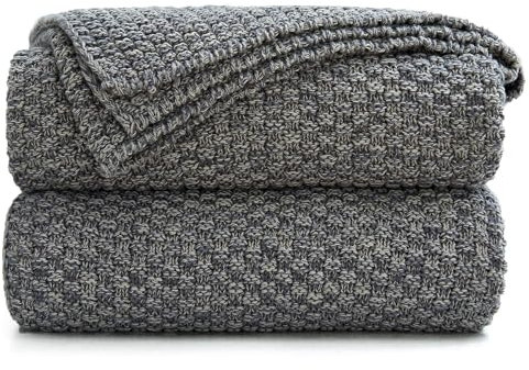 Longhui bedding Grey Knitted Throw Blanket for Couch, Soft, Cozy Machine Washable 100% Cotton Sofa Cable Knit Blankets, 4.0lb Weight, 60 x 80 Inches Oversized, Grey White Color