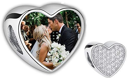 Gaosh Personalisiert Foto Herzen Anhänger Charms mit Motiven Gravur Damen-Bead 925 Sterling Silber für Mutter Freudin Geschenk für Christmas Thanksgiving Jahrestag Geburtstag (Kristall, Silber)