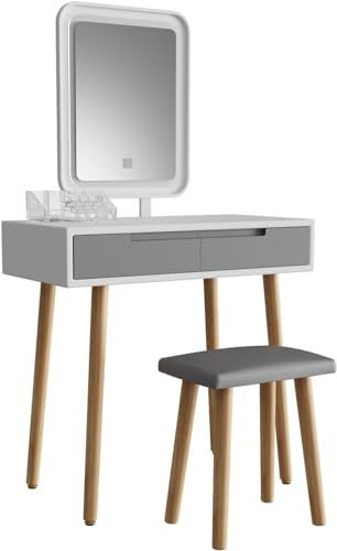 YOURLITE Dressing Table with LED Lights Mirror - White Vanity Makeup Table Set with Adjustable Brightness Mirror, Cushioned Stool and Free Make-up Organizer (White+Grey+Rectangle Mirror)