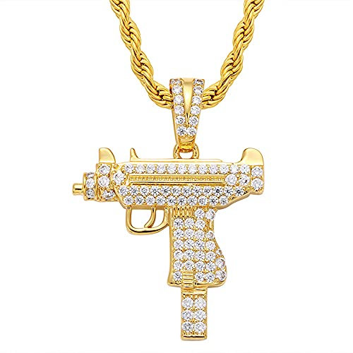 HALOKAIYA ICEDIAMOND Hip Hop UZI Gun Model Iced Out Anhänger mit Kettenhalskette, Full Bling CZ Diamond mit vergoldetem Modeschmuck für Herren (Gold)