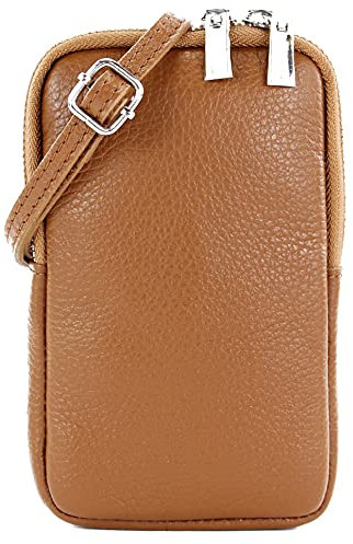 modamoda de T197 Damen Leder Handytasche 6,7 Zoll Umhängetasche handmade in Italy, Farbe:Cognac Dunkel