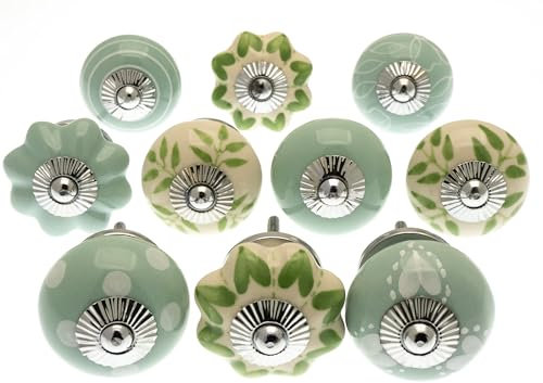 Mango Tree Hand Painted Door Knobs in Pale Mint Green and White Spots, Stripes and Hearts - 10 Pack