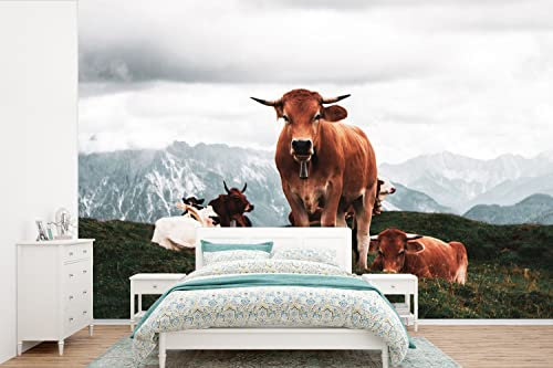 Selbstklebend Tapete Wandpapier Wandaufkleber Fototapete Tapeten Wanddeko 600x400 cm Tiere - Kuh - Berg