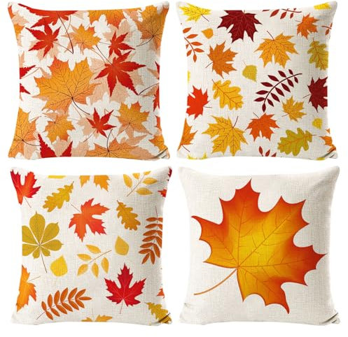 Herbst Kissenbezug Set - 4 Stück Ahornblatt Dekorative Bezüge, 45x45 cm, Erntedankfest Leinen Dekokissen Mit Kürbis-Motiv für Sofa, Couch, Schlafzimmer, Wohnzimmer