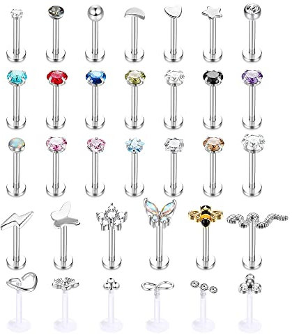 Kakonia 33stk 16G Lippenpiercing Medusa Piercing Edelstahl Lippenringe für Damen Herren Ashley Labret Piercing Lippe Nasenstecker Biene Schmetterling Blume Schlange Tragus Piercing Ohr 10MM