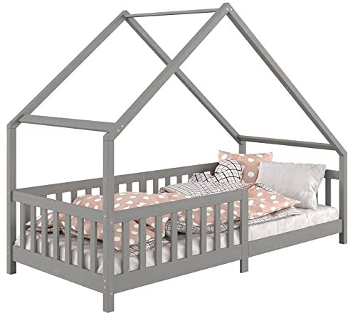 Hausbett CORA aus massiver Kiefer in grau, schönes Montessoribett mit Dach, stabiles Tipi Bett mit Rausfallschutz