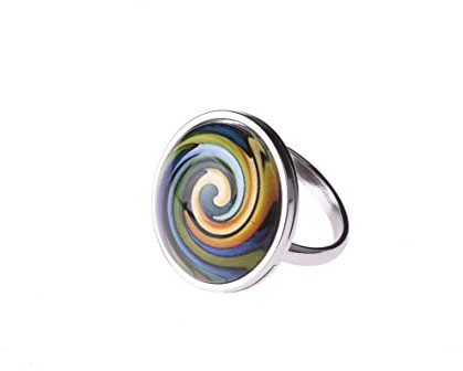 Adi-Modeschmuck Verstellbarer Ring 'Sienna', attraktive farbige Ornamente unter einem 20mm Glas Cabochon, größenverstellbarer Ring aus Edelstahl, handgefertigt in Berlin (Multicolor)
