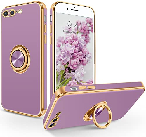 SouliGo iPhone 7 Plus Hülle, iPhone 8 Plus Hülle Handyhülle, Slim Weiche TPU Silikon Case mit 360 Grad Ring Halter Ständer stabil Kratzfest Hülle für iPhone 7 Plus/8 Plus 5.5 Zoll Lila Gold