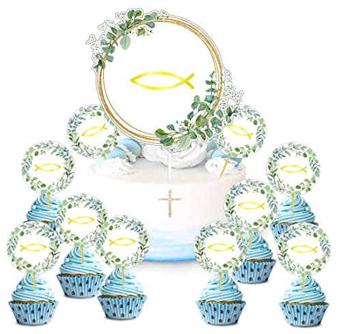 13 Stück Taufe Kuchen Dekoration, Kommunion Torten Topper, Fische Streudeko, Erstkommunion Cake Deco, Kuchendeckel für Taufe Junge Mädchen