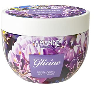 L'AMANDE - Crema Corpo Profumata con Acido Ialuronico, Vitamina E Antiossidante e Mimosa, Crema Corpo Idratante Pelle Secca con Olio di Oliva e Gelsomino per Pelle Morbida e Vellutata - Glicine 300 ml