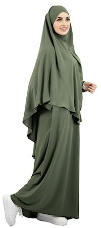 Lamishijab Abaya Muslimische Damen, 2-teilig, Maxi Khimar und Abaya, mit Taschen aus Medinenseide, ENS-KH-000, grün - vert khaki, One size