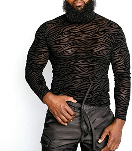 Casey Kevin Camiseta Manga Larga de Malla Hombre Transparente Sexy Camisetas Malla Hombre de Manga Larga Cuello Alto Shirt de Rejilla