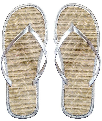 Sommer Flip Flops aus Stroh Damen Herren Bequem Zehentrenner Natürliche Strohpantoffeln Bambus Sandalen, Paare Hausschuhe Flipflops, Fashion Silber 40