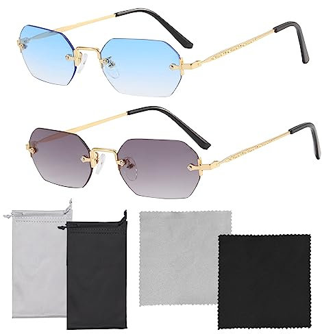 TAFACE 2 Stück randlose Brillen mit 2 Brillentaschen und 2 Brillentüchern, randlose Vintage-Sonnenbrille, stilvolle Retro-Brille für Männer und Frauen, geeignet für Party, Autofahren, Fotoshooting