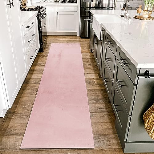 HomebyHome Teppich Wohnzimmer 80x250 cm Läufer Flur Rosa Waschbarer Hochflor Flauschiger Teppiche Moderne Design - Küchenteppich Waschbar Shaggy Extra Weich Teppich für Schlafzimmer Küchenläufer