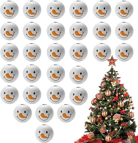 MAIDONG Schneemann-Holzperlen | 10/20/30Pcs 20mm Weihnachten Schneemann Holzperlen Wooden Beads Christmas Perlen mit Weihnachtsdruck für DIY Handgefertigte Dekorationen Basteln Bastelperlen