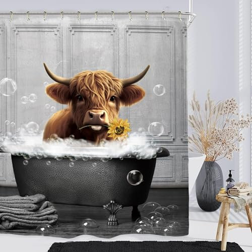 Miyotaa Duschvorhang-Set, Motiv: Bulle, Highland-Kuh, 152 x 180 cm, lustig, Westerntiere, Rinder, Wildtiere, Bauernhaus, Landhaus, Polyester, wasserdichter Stoff, Badezimmervorhang mit 12 Haken