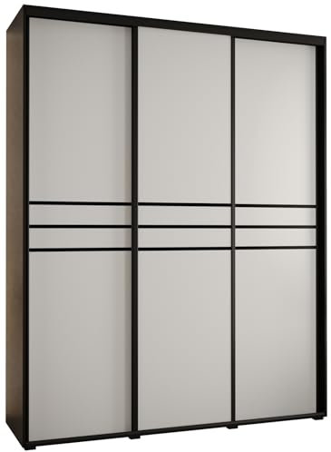 MEBLE KRYSPOL Davos 10 200 Schrank mit DREI Schiebetüren für Schlafzimmer - Moderner Aufbewahrungsschrank mit Kleiderstange und Regalen - 235,2x200x60 cm - Schwarz Weiß Schwarz