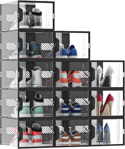 MYHMCT Schuhboxen, 12er Pack Schuhboxen Stapelbar, Schuhorganizer Schuhaufbewahrung, Schuhbox mit Magnettür, Schuhkarton mit Deckel für Schuhe bis Größe 44, Transparenter-schwarz
