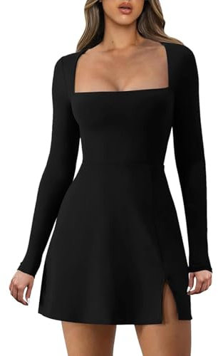 Btofellin Dress Womens Square Neck Bodice Long Sleeve Dress High Waist Side Split Dress Flare Mini Dresses Cocktail Club Party Outfits/S Black