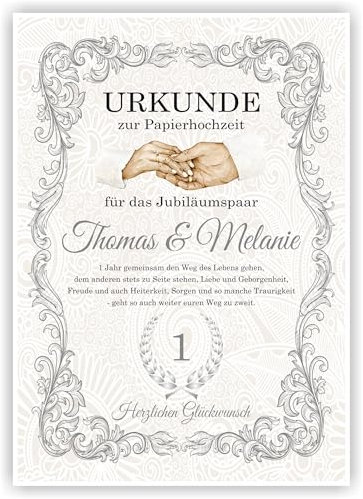 Personalisierte Urkunde zum 1. Hochzeitstag Geschenk zur Papier Hochzeit | Papierhochzeit Karte Personalisiert mit Namen | 1. Jahrestag Geschenkidee Deko DIN A4 (Silber/Grau)