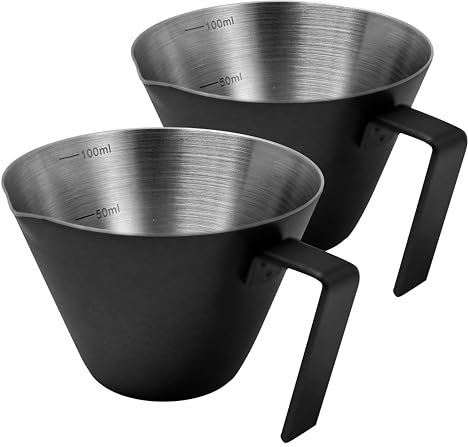 NEOUZA Vasos de chupito de espresso de 100 ml, taza medidora de espresso, paquete de 2 tazas de vertido de acero inoxidable, accesorios de cocina para accesorios de espresso (negro mate)
