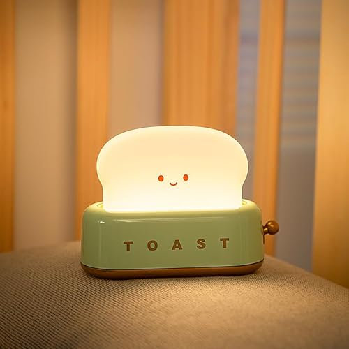 BFYCHYC Cute Desk Decor Toaster Lamp, Kawaii LED Toast Bread Night Light Rechargeable, Table Night Lamp for Kids Room Table Desk Bedroom Decorations,Christmas Gifts Ideas for Baby Girls Teens (Green)