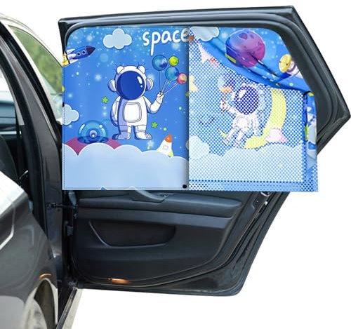 Hianjoo Parasol Coche con protección UV, Magnético de Doble Capa para Ventanas Laterales Cubierta de Sombra de Doble Apertura para Protección contra el Calor/UV, Fantasía Espacial
