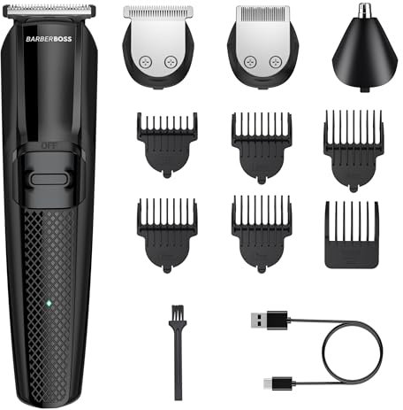 Barberboss Recortadora de barba para hombre, cortadora de pelo para cortes precisos, kit completo de cuidado personal para hombre, herramienta para peinar el cabello y la barba, kit de corte de pelo