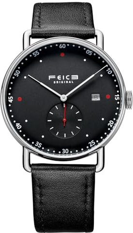 FEICE Herren-Automatikuhr, Unisex, klassisch, Bauhaus, mechanische Uhr, gebogener Spiegel, wasserdicht, lässig, mit Lederbändern, FM506, Schwarz