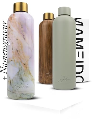 MAMEIDO Edelstahl Trinkflasche personalisiert 1l - auslaufsichere Trinkflasche mit Namen, personalisertes Geschenk (Pearl Marble Gold, 1000ml)