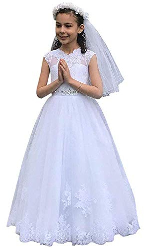 Hongyangjing Robe Blanche de Communion pour Filles 7-16 Robe de Princesse Fleur pour Fille de Mariage, blanc, 12-13 ans