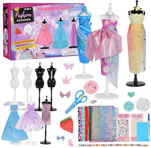 Aomig Modedesign Mädchen, Fashion Designer Studio Bastelset Kinder, DIY Kunst und Bastelset Nähsets Lernspielzeug mit 4 Mannequins, 600PC+ DIY Sewing Crafts Geschenke Mädchen 6-12+ Jahre