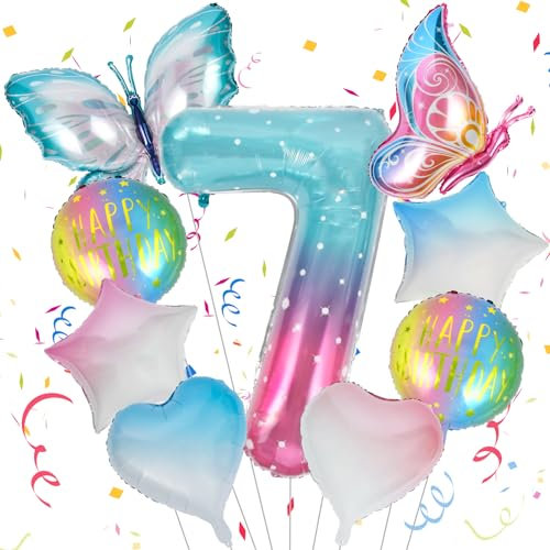 OSDUE Schmetterling Folienballon 7., Großer Schmetterlingsballons, Bunt Schmetterlinge Geburtstagsdeko 7 Jahre Mädchen, Zahl 7 Luftballon Rosa, 7. Kinder Mädchen Geburtstag Schmetterling Themen Party